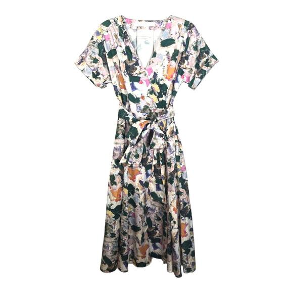 Christine Alcalay Midi Wrap Dress Abstract Painterly Pattern Full Skirt Belted L